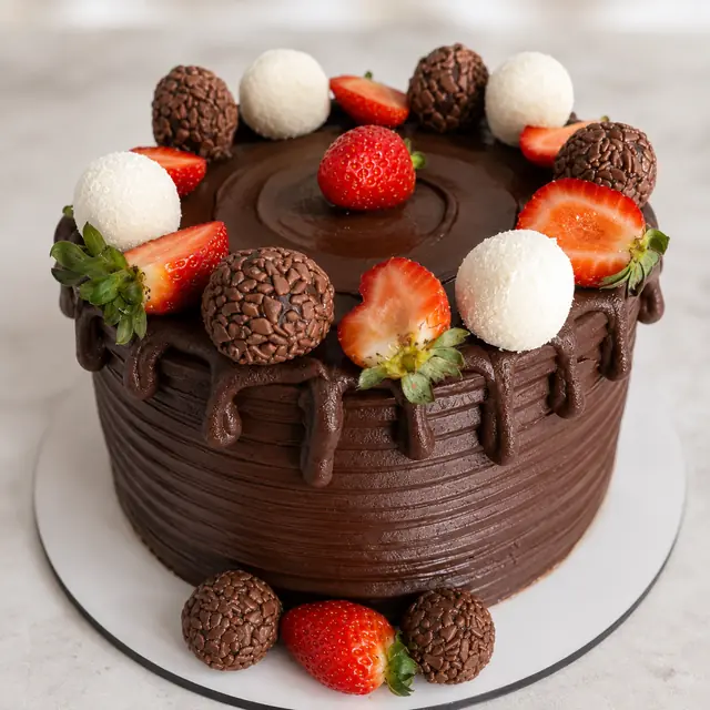 Bolo de chocolate coberto com ganache escorrendo pela lateral, decorado com morangos, brigadeiros e beijinhos em volta da borda.