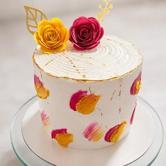 Bolo de cobertura branca com pinceladas rosa e amarelas na lateral, acabamento dourado na borda e duas rosas de papel no topo.