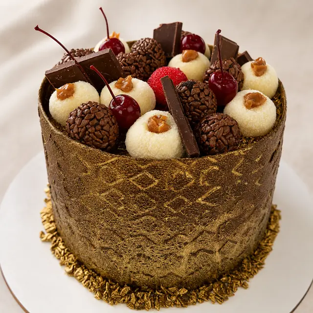Bolo de lateral dourada texturizada com o topo coberto de brigadeiros, beijinhos, cerejas e lascas de chocolate.