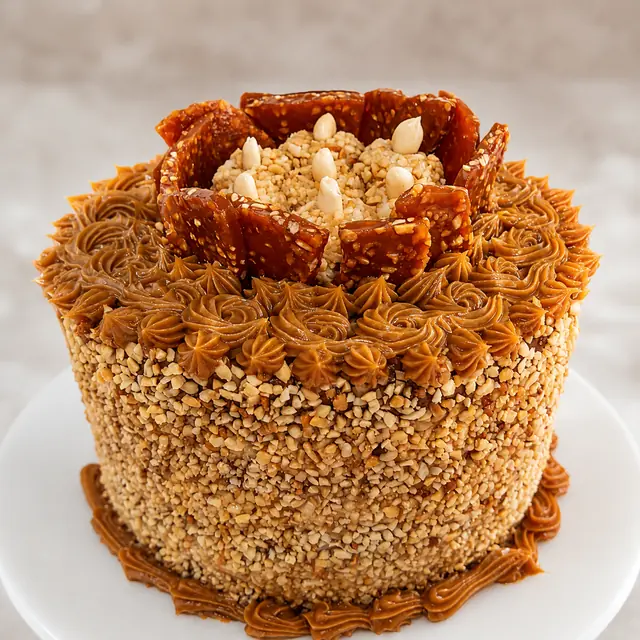 Bolo coberto de amendoim triturado, com doce de leite pipado na borda e pedaços de pé de moleque no topo.