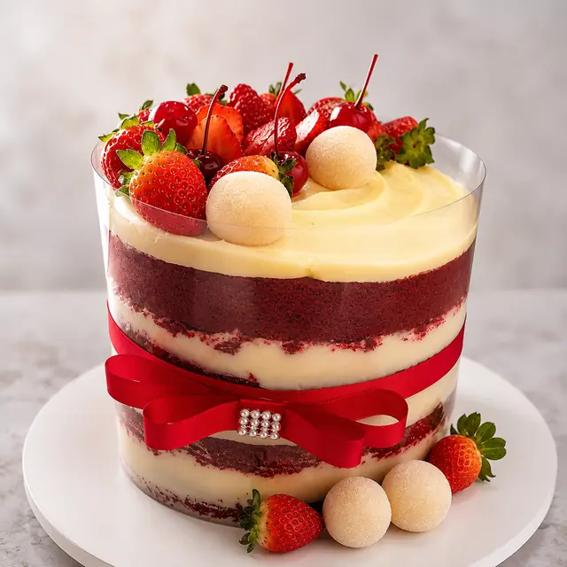 Bolo red velvet em camadas alternadas com creme branco, coberto de morangos, cerejas e beijinhos, com laço vermelho em volta.